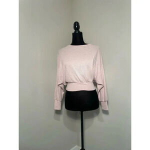 Express Pale Pink Waffle Knit Cropped Open Tie Back Knit Top